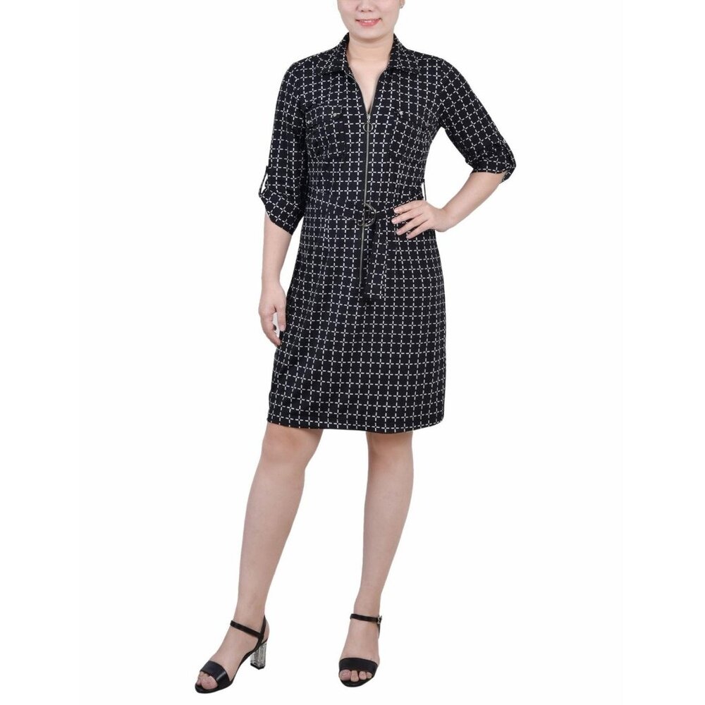 NY Collection Shirt Dress Womens Petite Size PL Black Belted Stretch $54